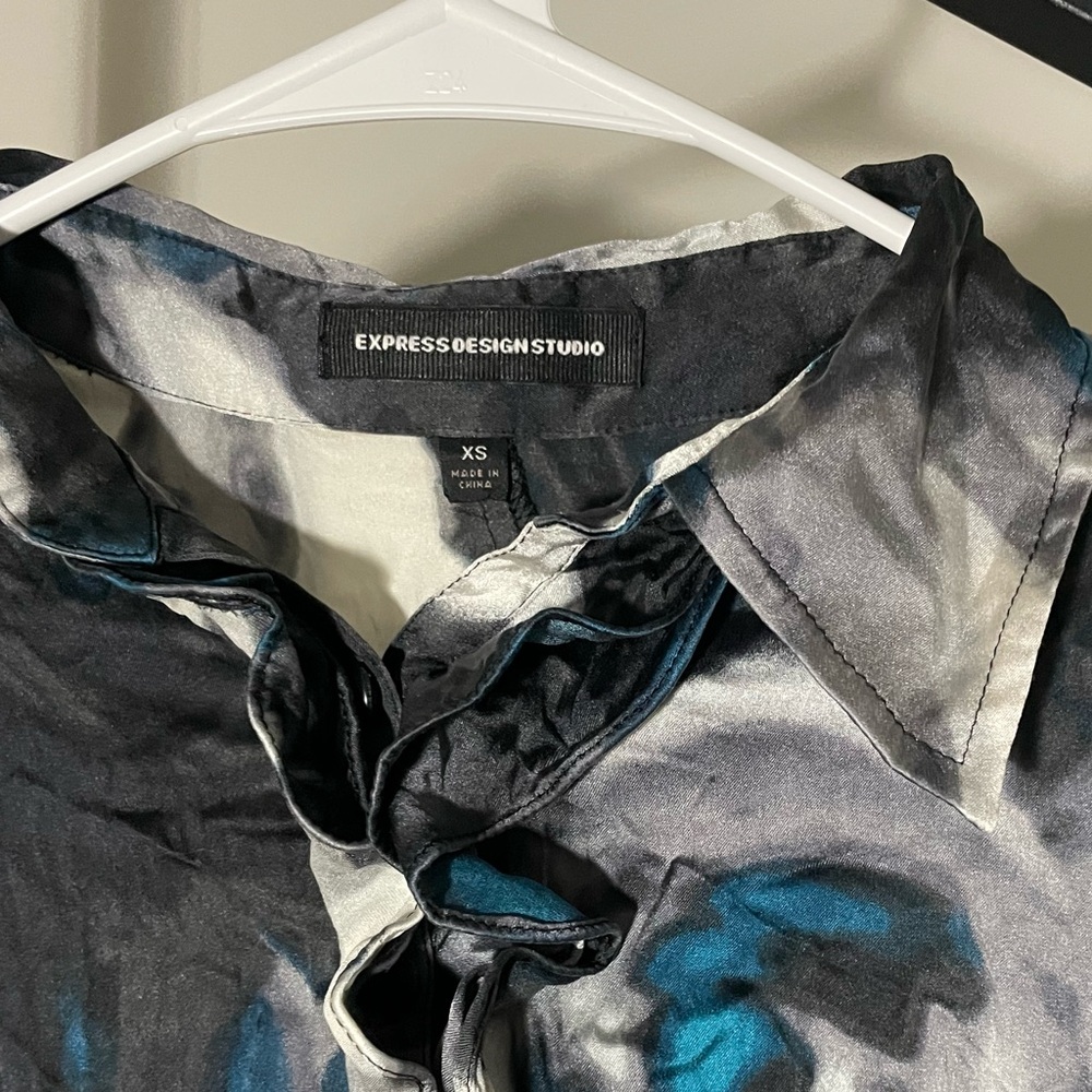 Express Black And Blue Patterned Long Sleeve Dress - image 2